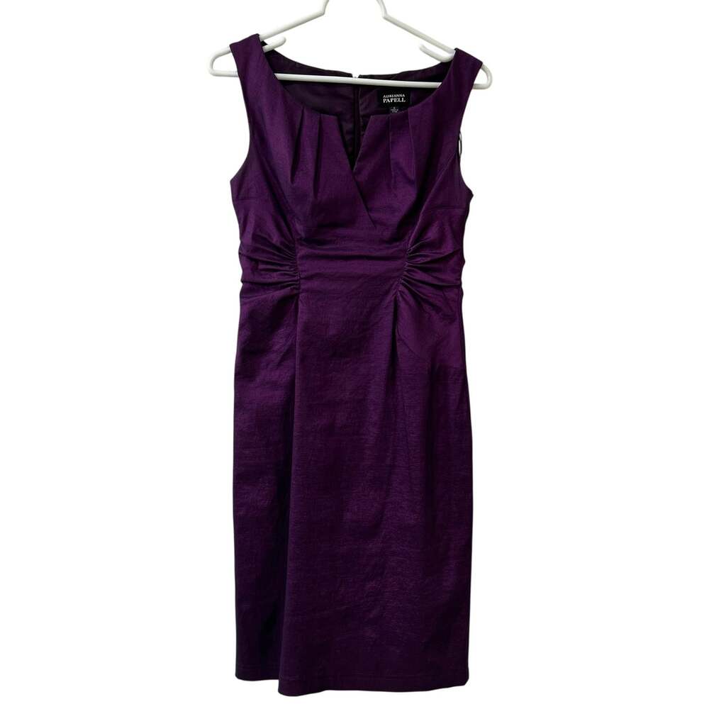 Adrianna Papell Womens Size 4 Purple Sleeveless Ruched V Neck Cocktail Dress